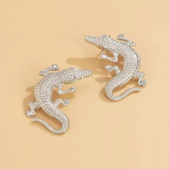Alligator Silver Textured Statement Earrings - Picture 3 of 5